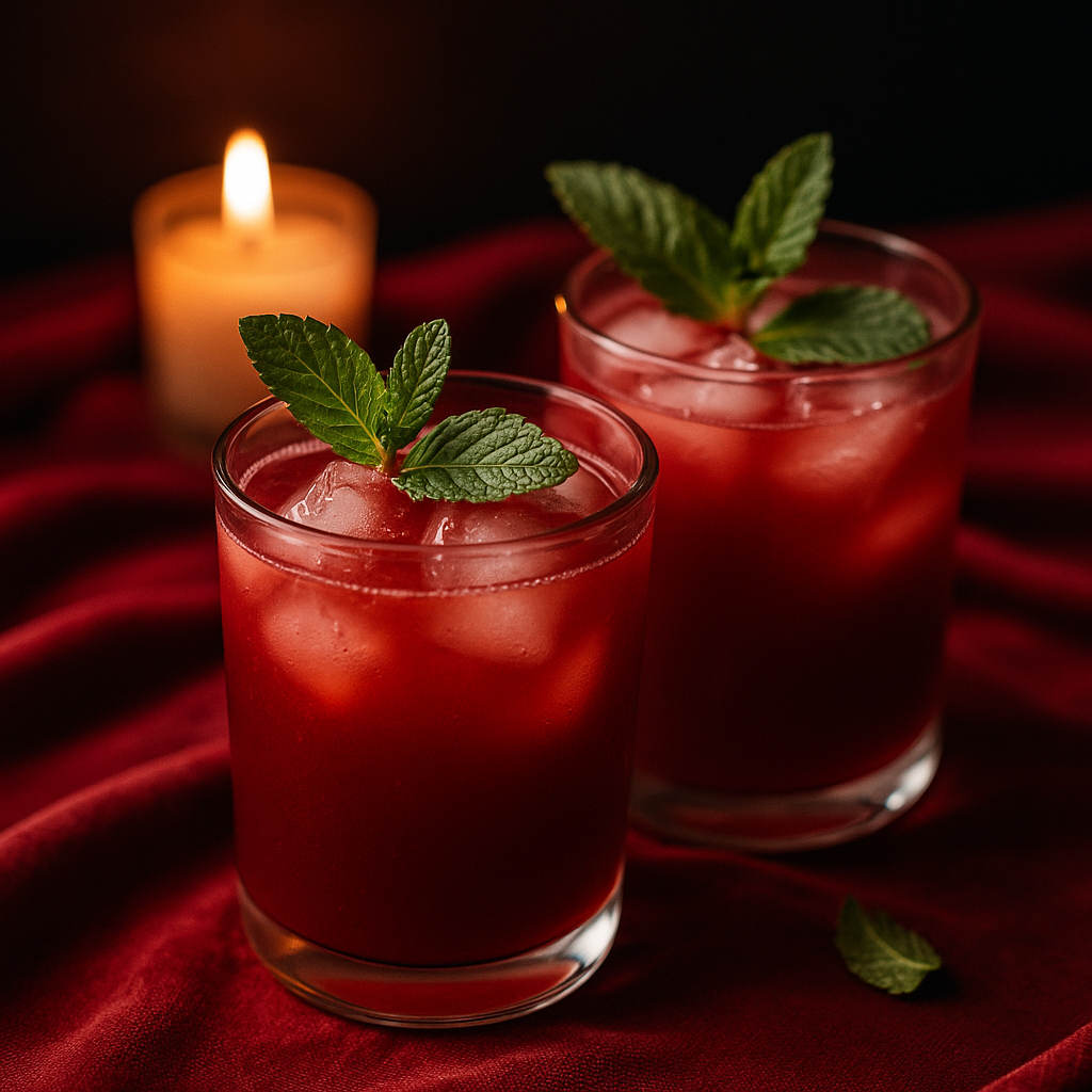 Two fiery hibiscus ginger mocktails in clear glasses, topped with fresh mint and ice, set on rich red velvet near a glowing candle — bold and calming.
