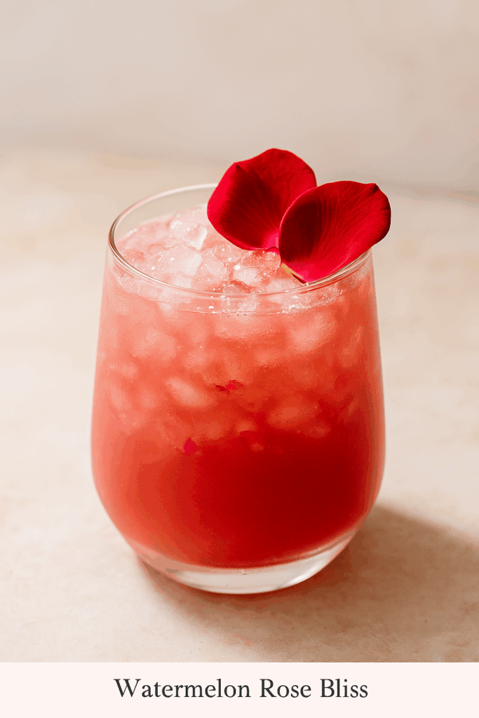 Watermelon Rose Bliss mocktail served over crushed ice in a glass, garnished with rose petals. A floral and calming summer drink made with watermelon, rose water, and lime.