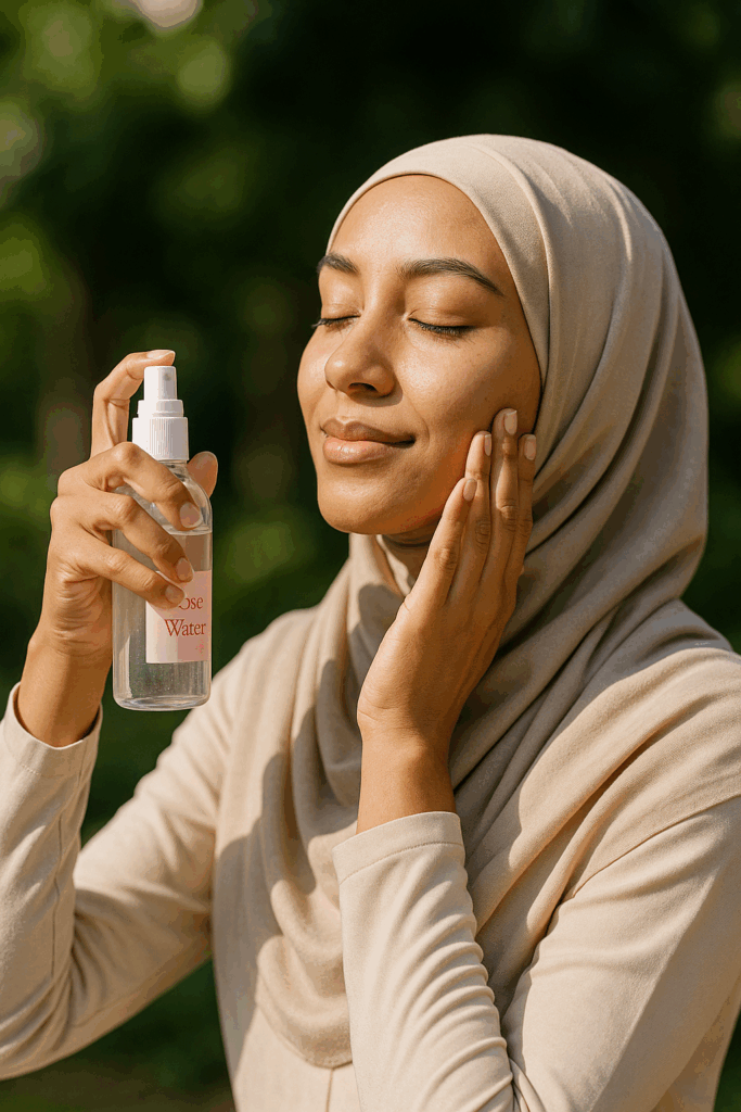 Muslim woman applying halal rosewater mist outdoors during summer skincare