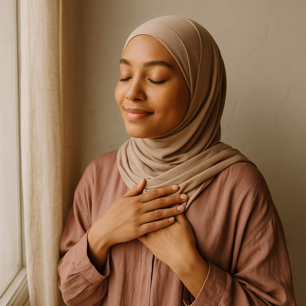 A young Muslim woman standing peacefully by the window, wearing a beige hijab and dusty rose blouse — representing calm, halal self-care and inner peace.