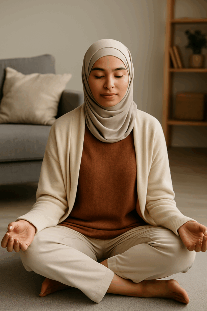 A young Muslim woman standing peacefully by the window, wearing a beige hijab and dusty rose blouse representing calm, halal self care and inner peace.