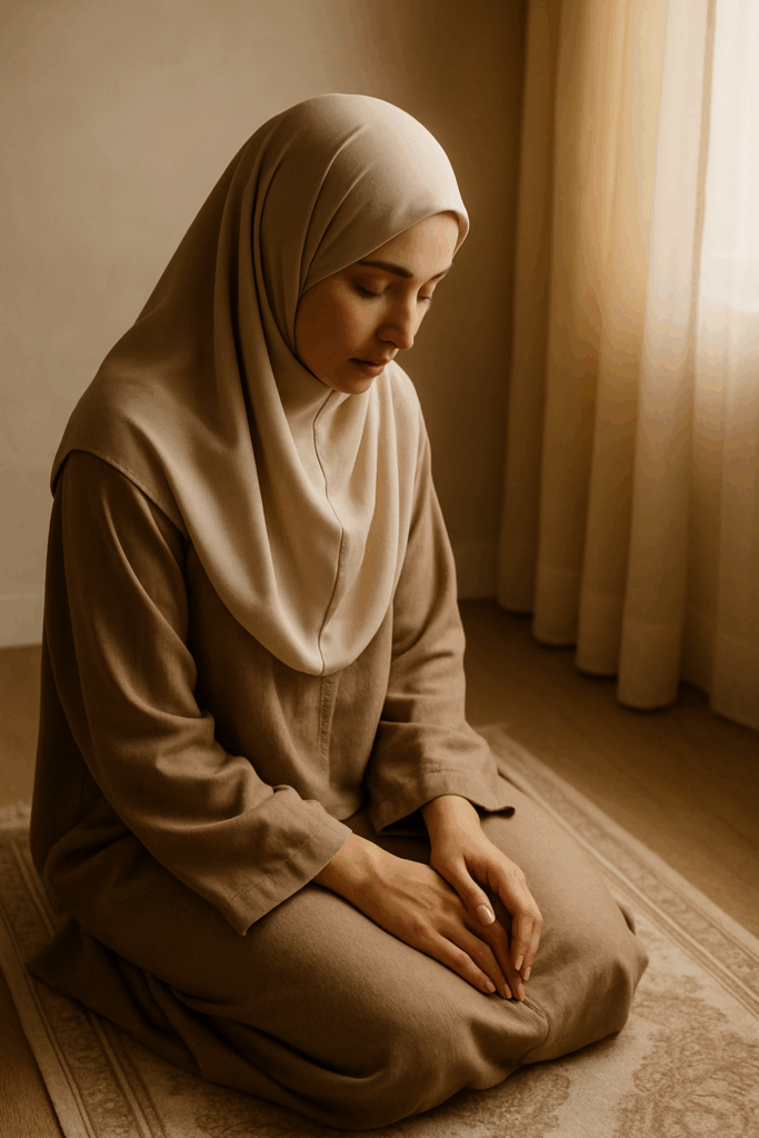 Muslim woman in soft prayer space healing from spiritual burnout