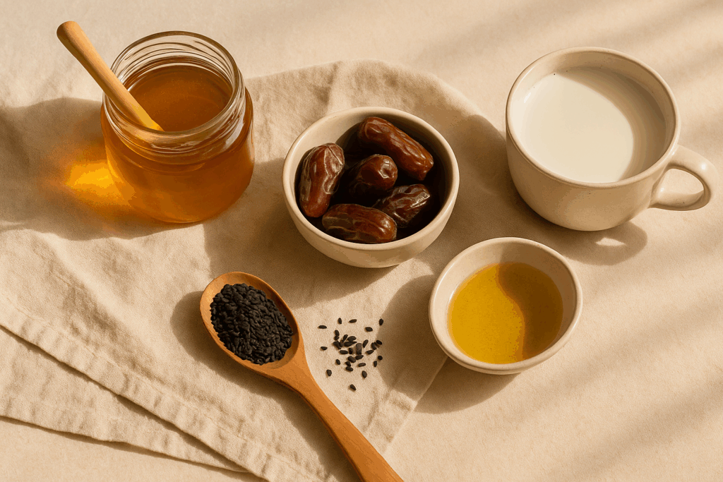 Prophetic foods for stress relief honey, dates, olive oil, and black seed on soft neutral background.
