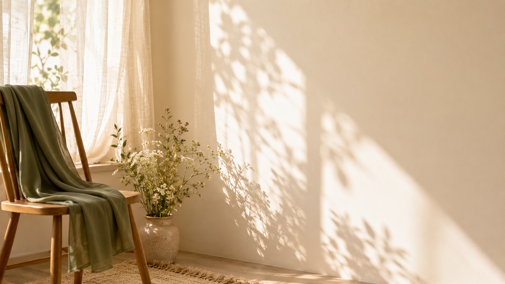 Peaceful sunlit corner with linen curtains and wildflowers symbolizing reflection and tranquility