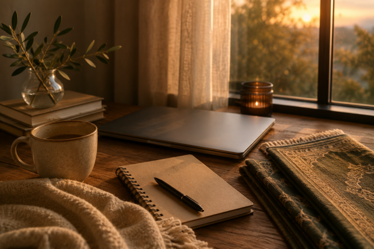 A peaceful workspace with a notebook, tea, laptop, and folded prayer mat, representing finding hope through faith during burnout.