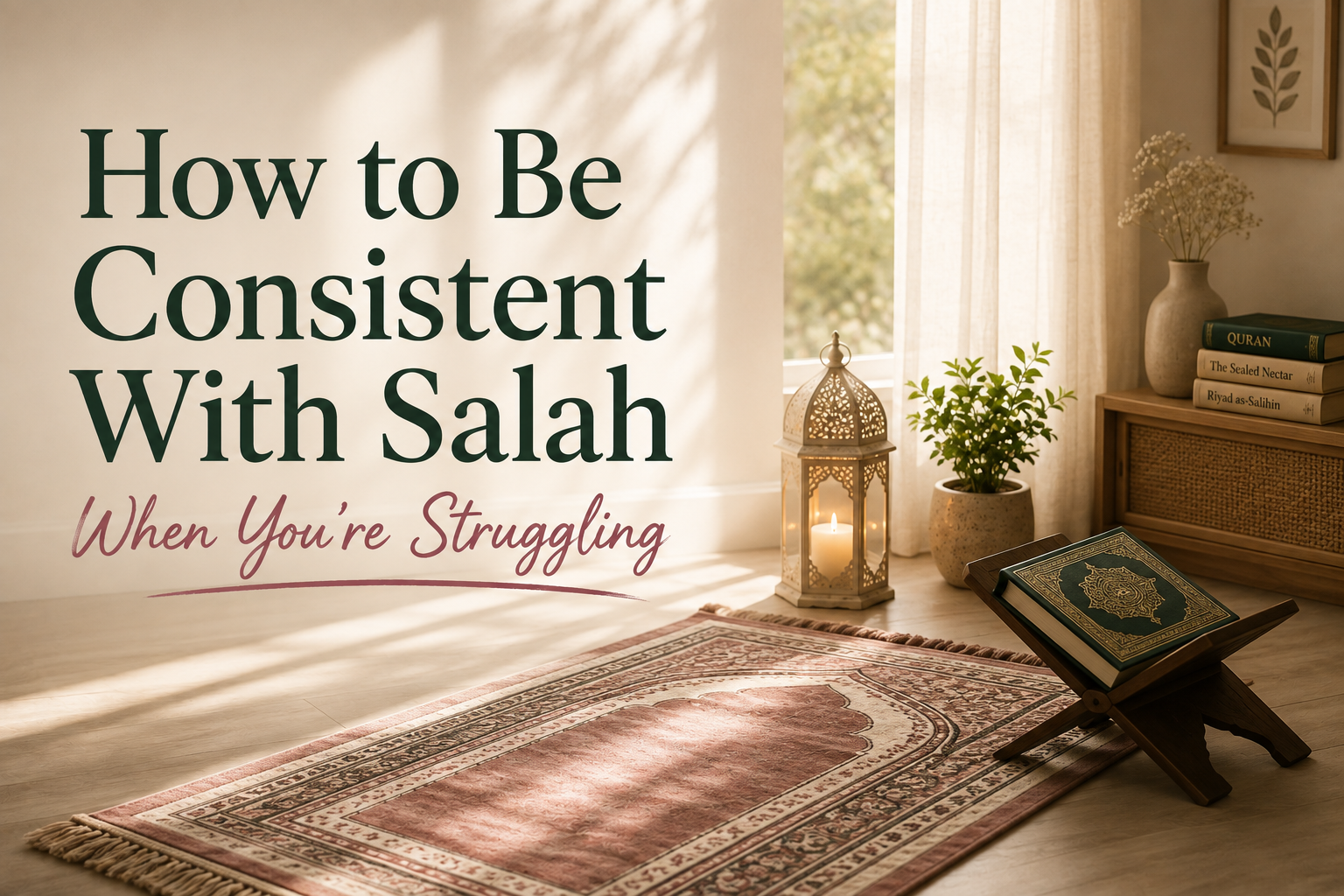 Prayer mat and Quran in a peaceful prayer space for becoming consistent with salah